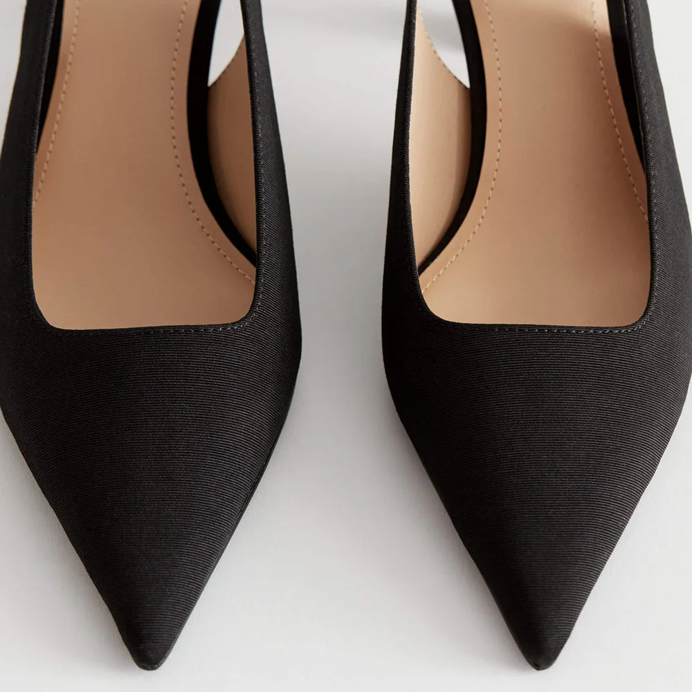 Black Fabric Slingback Kitten Heel Pointed Buckle Pumps Shoes