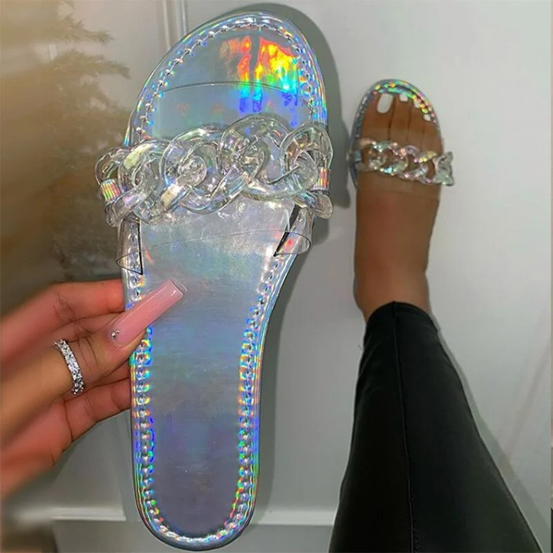 Women Slippers PVC Transparent Metal Chain Summer Beach Slides Casual Flats Ladies Shoes Outside Fashion Female Footwear 2021