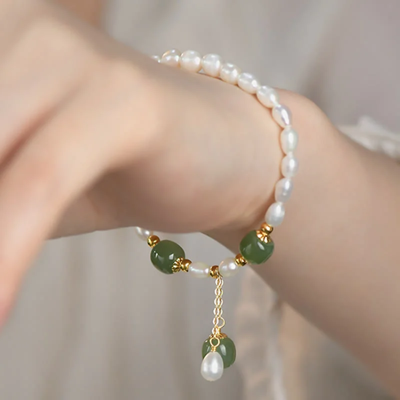 925 Sterling Silver Natural Pearl Hetian Jade Healing Bracelet