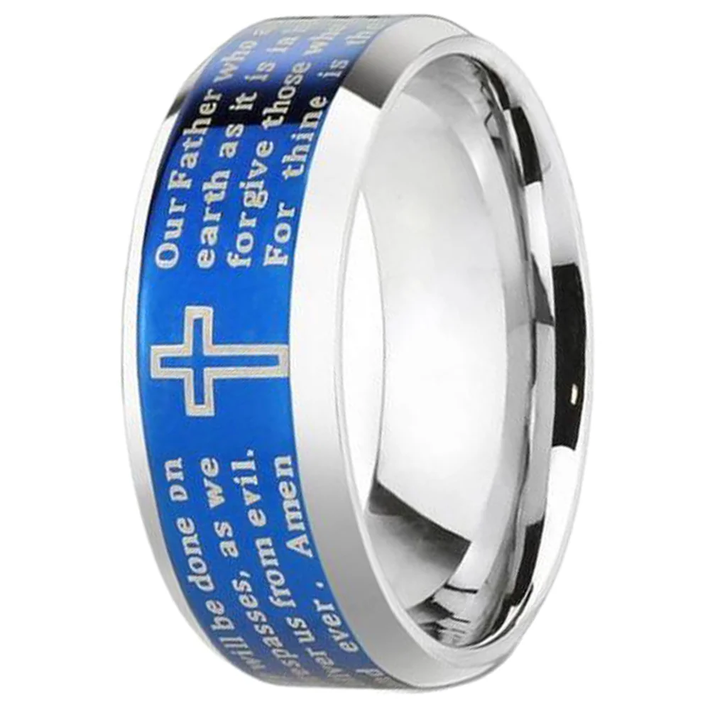 6MM 8MM Blue Tungsten Rings Lords Prayer Brushed Finished Beveled Edge
