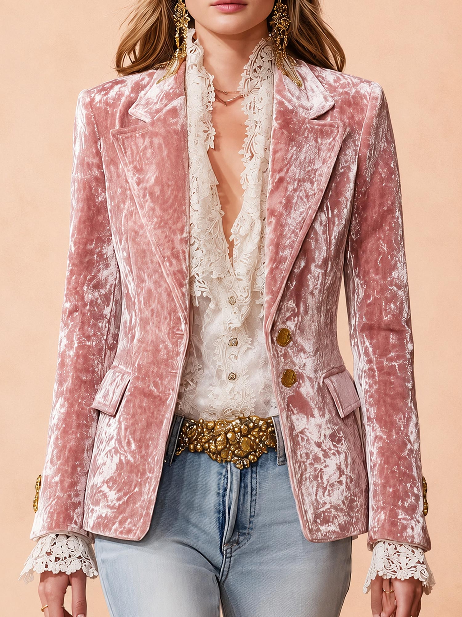 Perfect for Romantic Vacations & Luxury Socials &mdash; Rose Pink Crushed Texture Single-Breasted Gold Button Premium Velvet Blazer