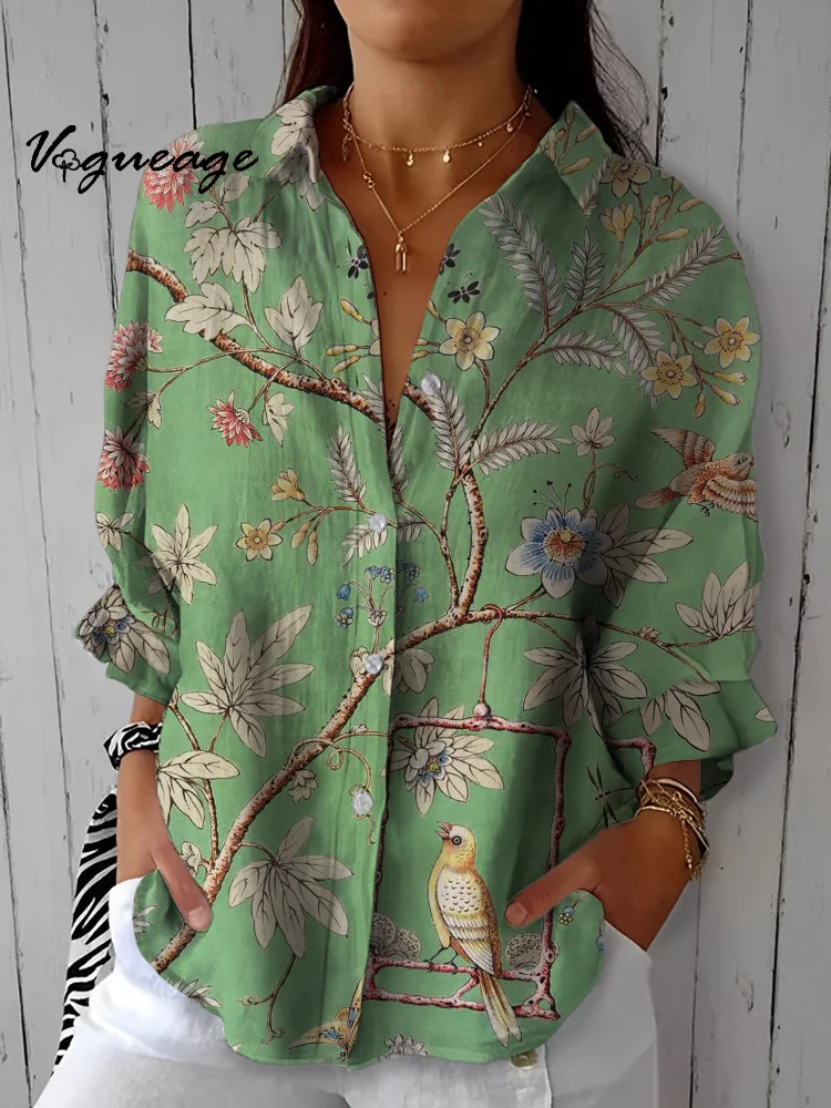Elegant And Gentle Flowers And Birds Printed Cotton And Linen Shirt