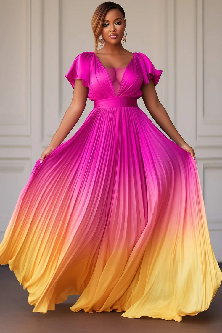 Xpluswear Design Plus Size Formal Pink Gradient V Neck Petal Sleeve Short Sleeve Pleated See Through Maxi Dresses [Pre-Order]