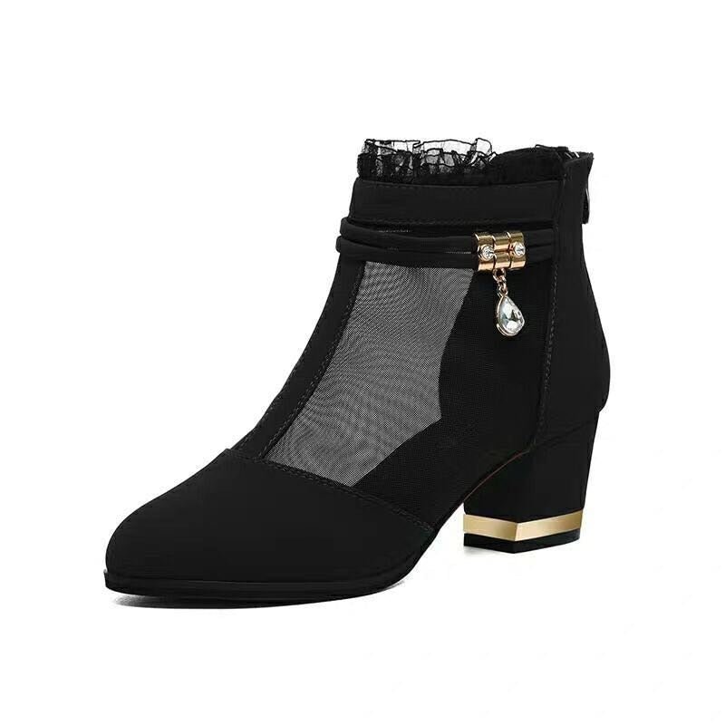 Comemore Autumn Mesh Boots Sandals Middle Heels Lace Shoes Women Rhinestone 2021 Spring Summer Pumps Mujer Black Beautiful 2022