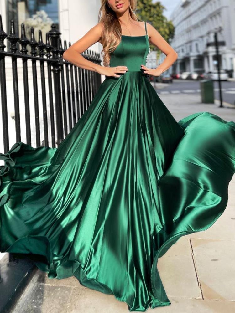 Neosepa-Smooth Thin Straps Sleeveless Lace Up Open Back Pleated Green Stain Dress