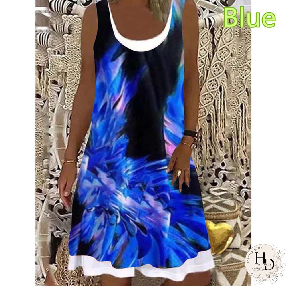 Womens dress summer new fashion flame fake two-piece printed casual sleeveless Round-neck