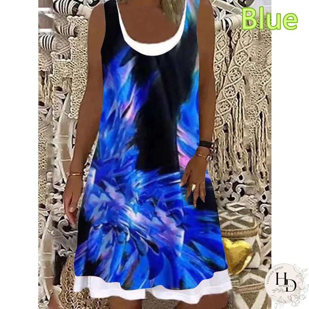 Womens dress summer new fashion flame fake two-piece printed casual sleeveless Round-neck