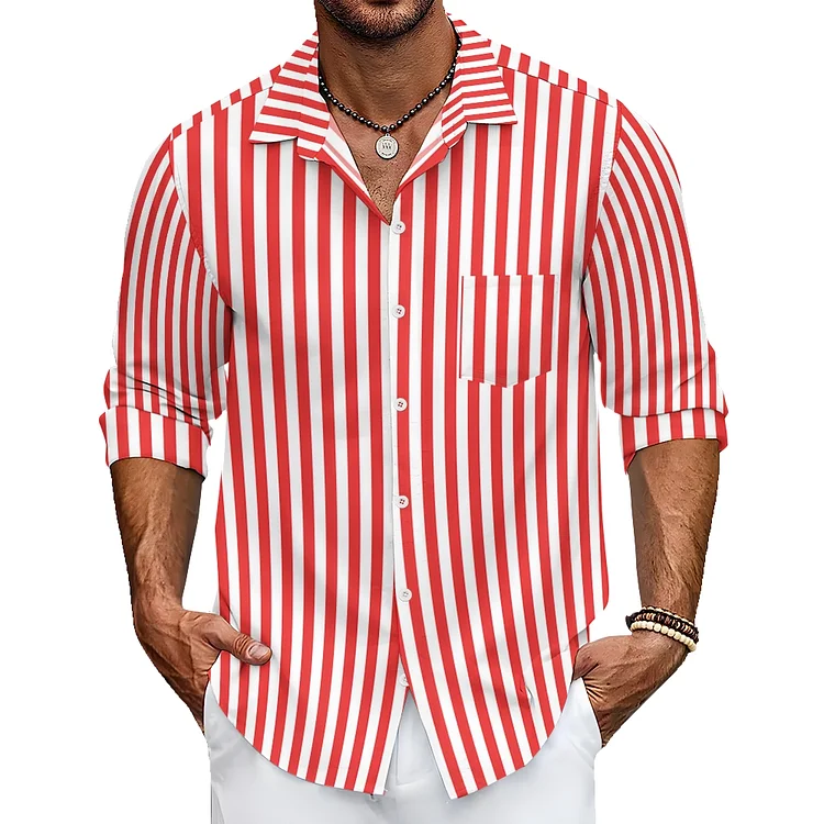 Men Shirt Red Stripe Checkered Loose Casual Collar Trendy Jacket Shirt