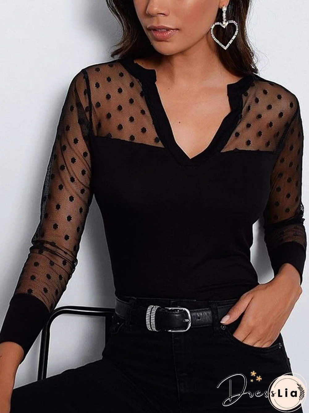 Black Polka Dots Paneled V Neck Long Sleeve Sexy Tops