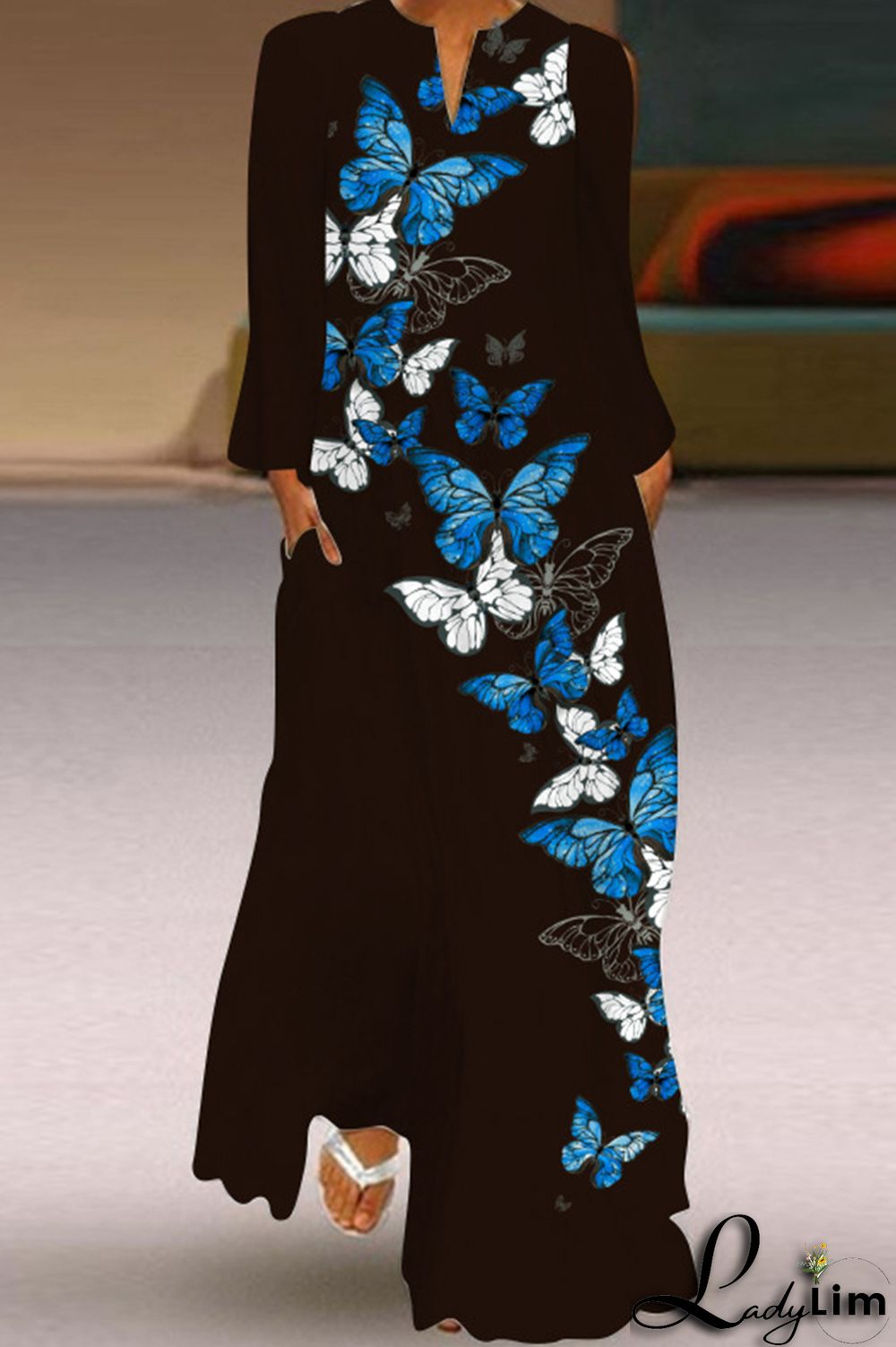 Black Fashion Casual Print Patchwork V Neck Long Sleeve Dresses