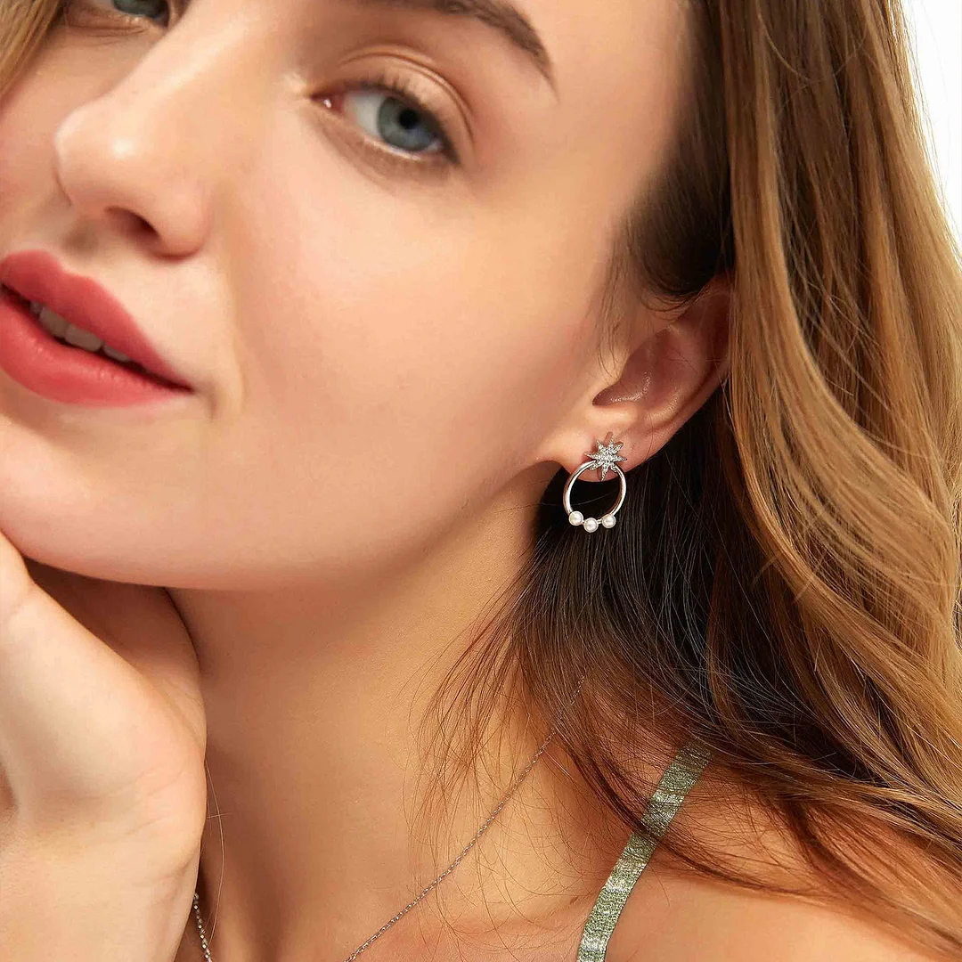 Circle Star Pearl Studs Silver Earrings