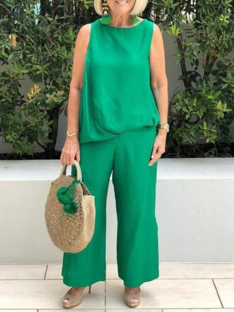 Women's Chic Green Tank Top And Casual Pants Suit