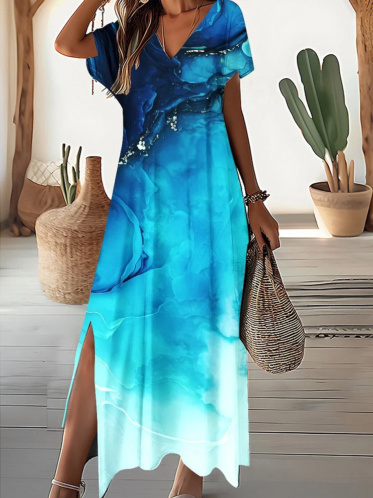 Women's Floral Alcohol Ink Art Print Pocket V Neck Long Dress Maxi Dress