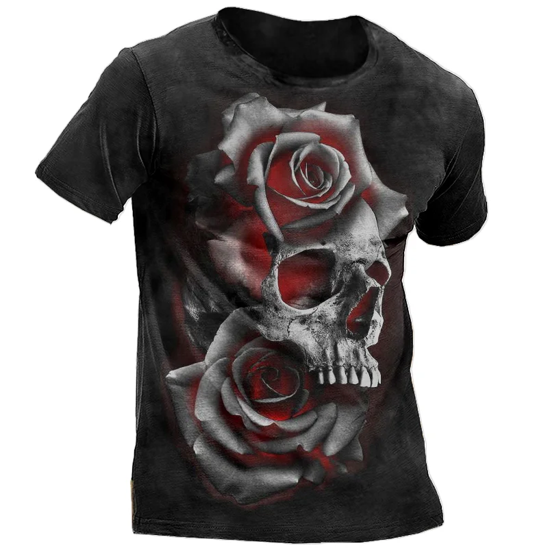 Mens outdoor tactical retro rose and skull T-shirt / [viawink] /