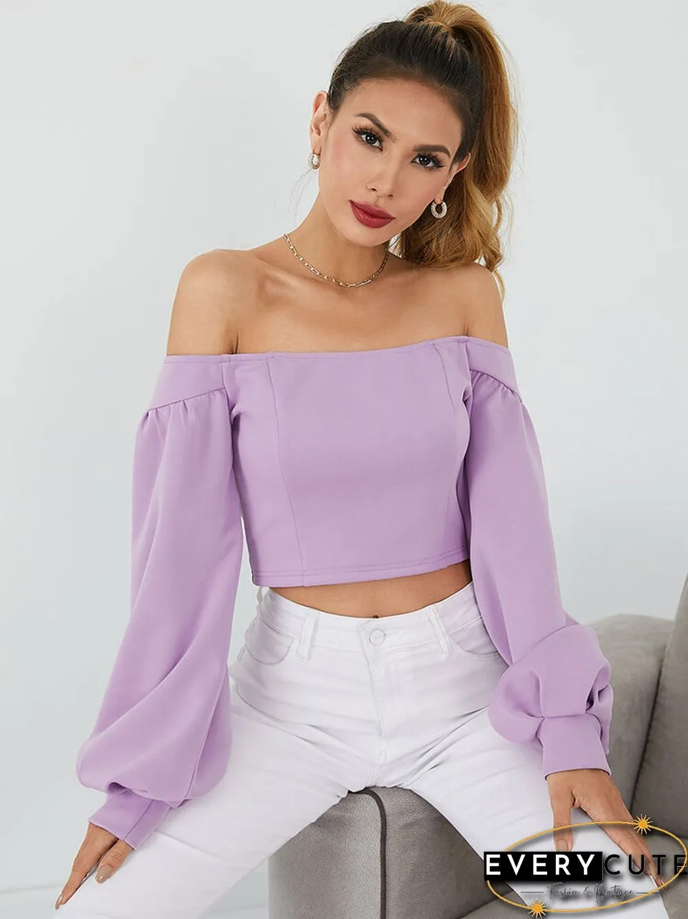 Solid Lantern Long Sleeve Off The Shoulder Crop Top