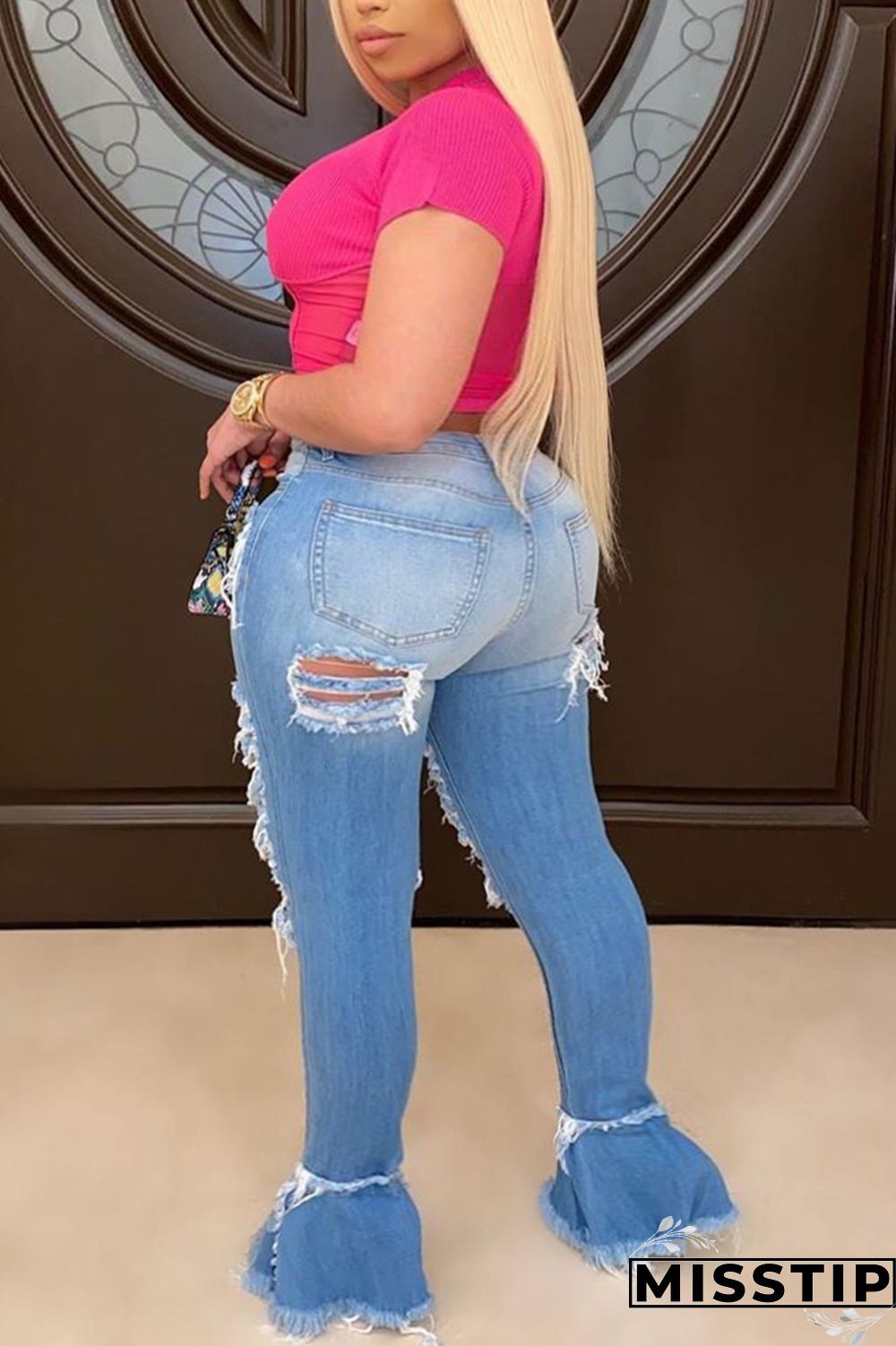 Light Blue Fashion Large Size Broken Hole Denim Trousers