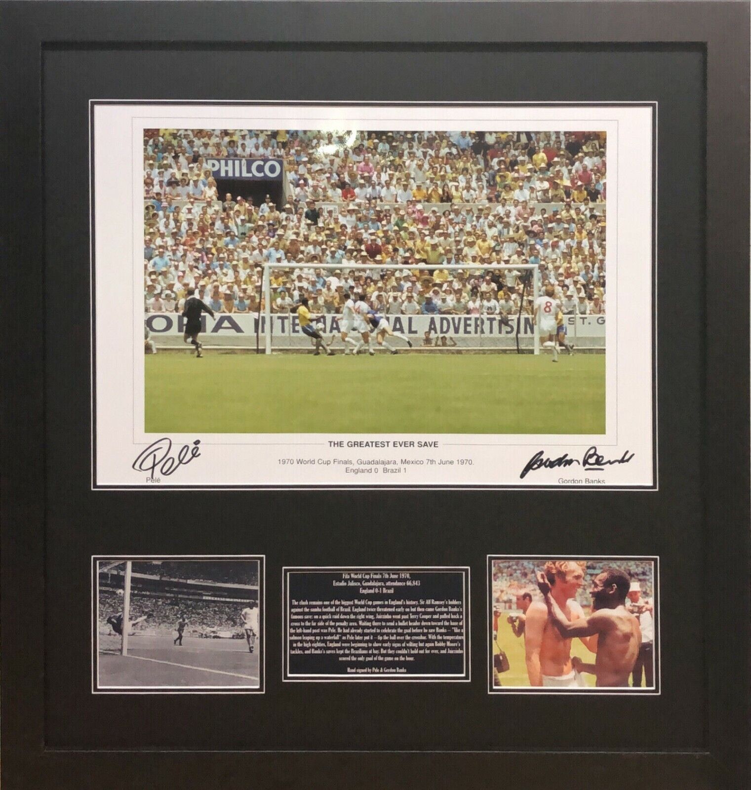 FRAMED PELE BANKS SIGNED THE SAVE ENGLAND BRAZIL 1970 WORLD CUP Photo Poster painting COA PROOF