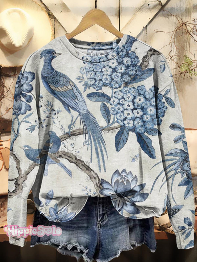 Women’s Vintage Bird Floral Art Pattern Print Casual Crew Neck Sweatshirt Multicolor / S
