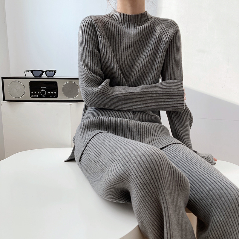 Classic Striped Knit Sweater And Wide Leg Pants Suit