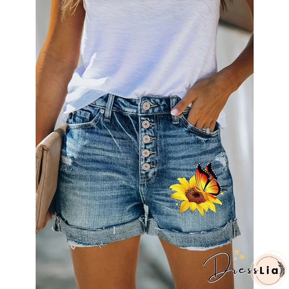 4 Summer Women Hot Shorts Sunflower Butterfly Print Denim Shorts Skinny Jeans Shorts
