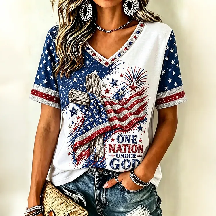 Women's Independence Day Flag Print V-neck Short Sleeve Casual T-shirt