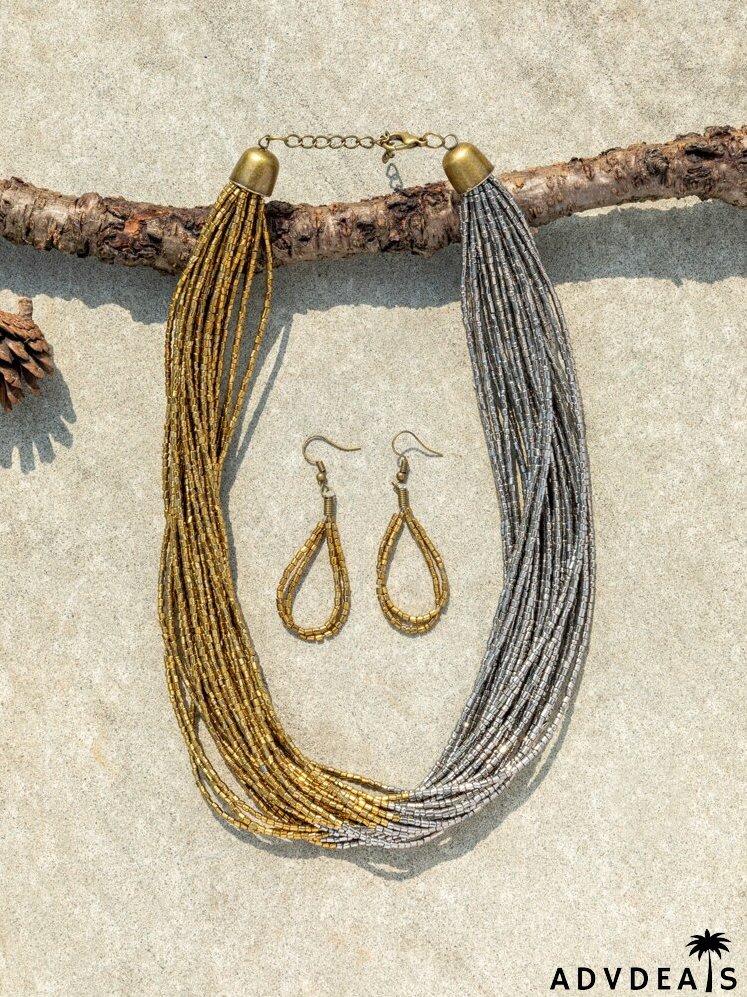 Layered Beaded Necklace & Drop Earrings