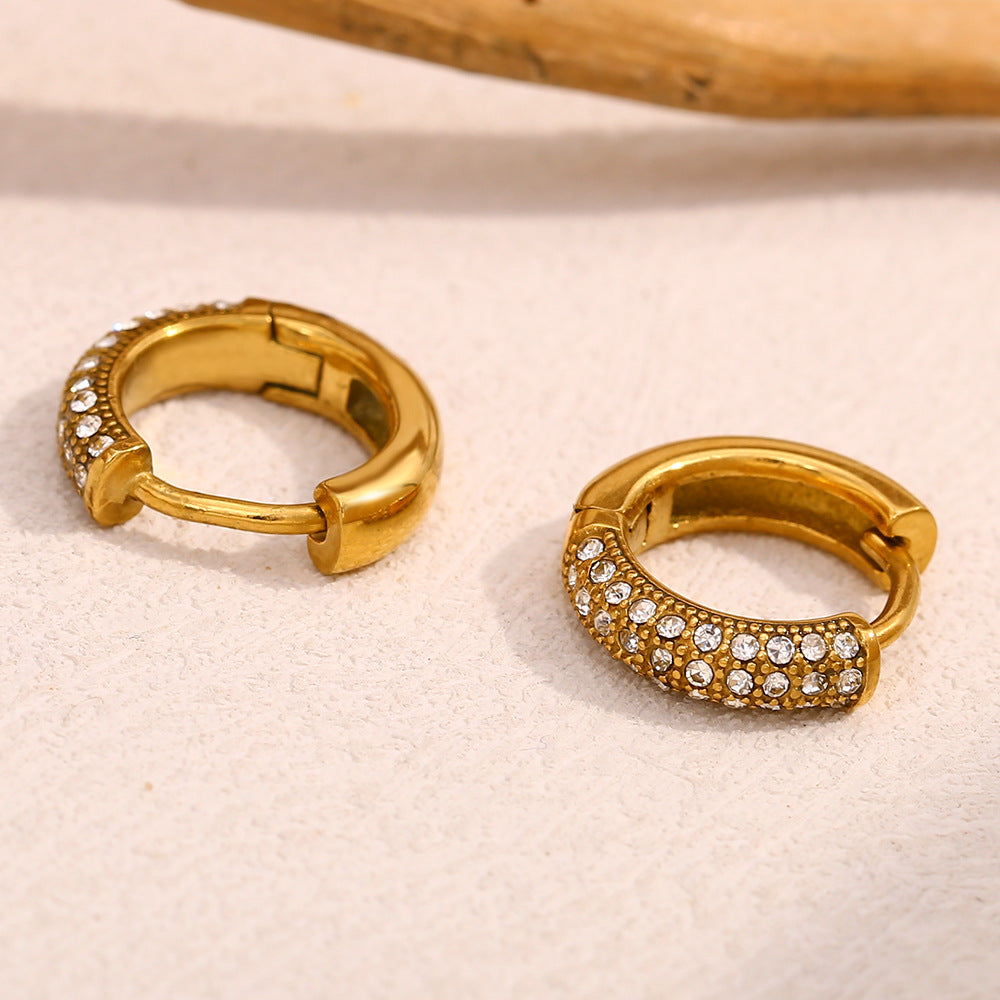 Hot Sale Simple Versatile Earrings Stainless Steel Plated 18K Gold Full Diamond Zircon Round Earrings For Women