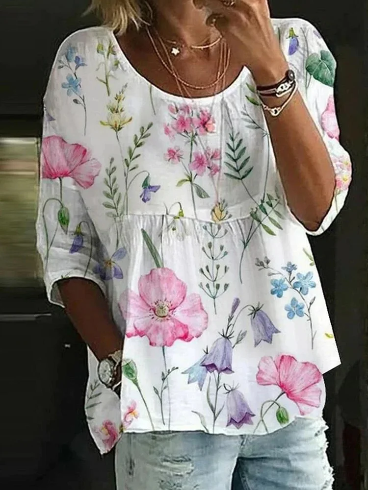 Round Neck Casual Loose Floral Print Long Sleeve Blouse