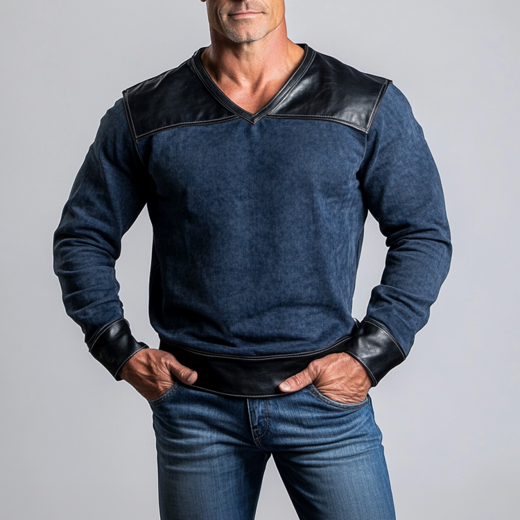 Men's Denim PU Leather Patchwork V Neck Long Sleeve Sweatshirt