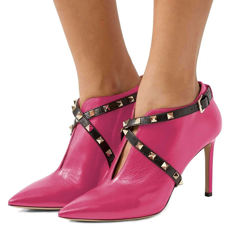 Fuchsia Studs Shoes Cross Over Stiletto Heel Ankle Boots |FSJ Shoes