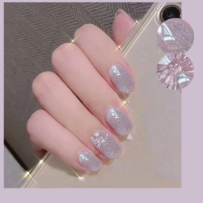 24pcs Purple Gray Fake Nail Patch Cat Eye False Nail Patch Press On Finger Nail Tips Detachable Full Cover Acrylic Nails-Nail Inspo