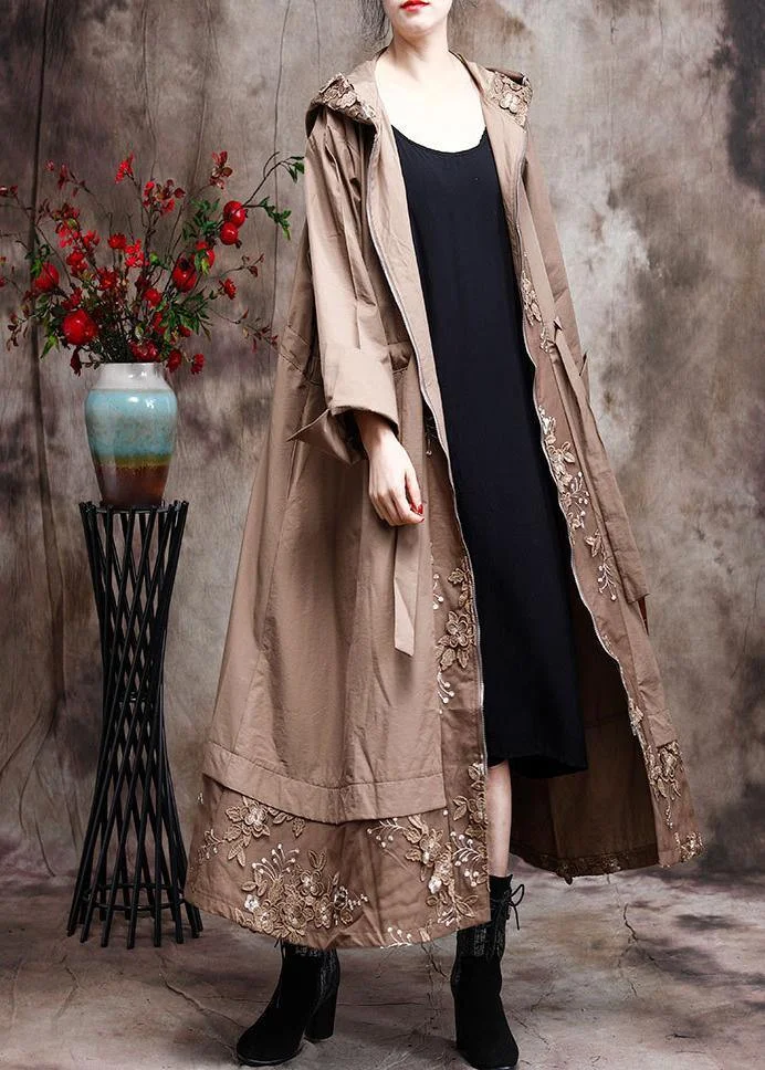 Modern Hooded Plus Size Coat For Woman Khaki Embroidery Trench Coat
