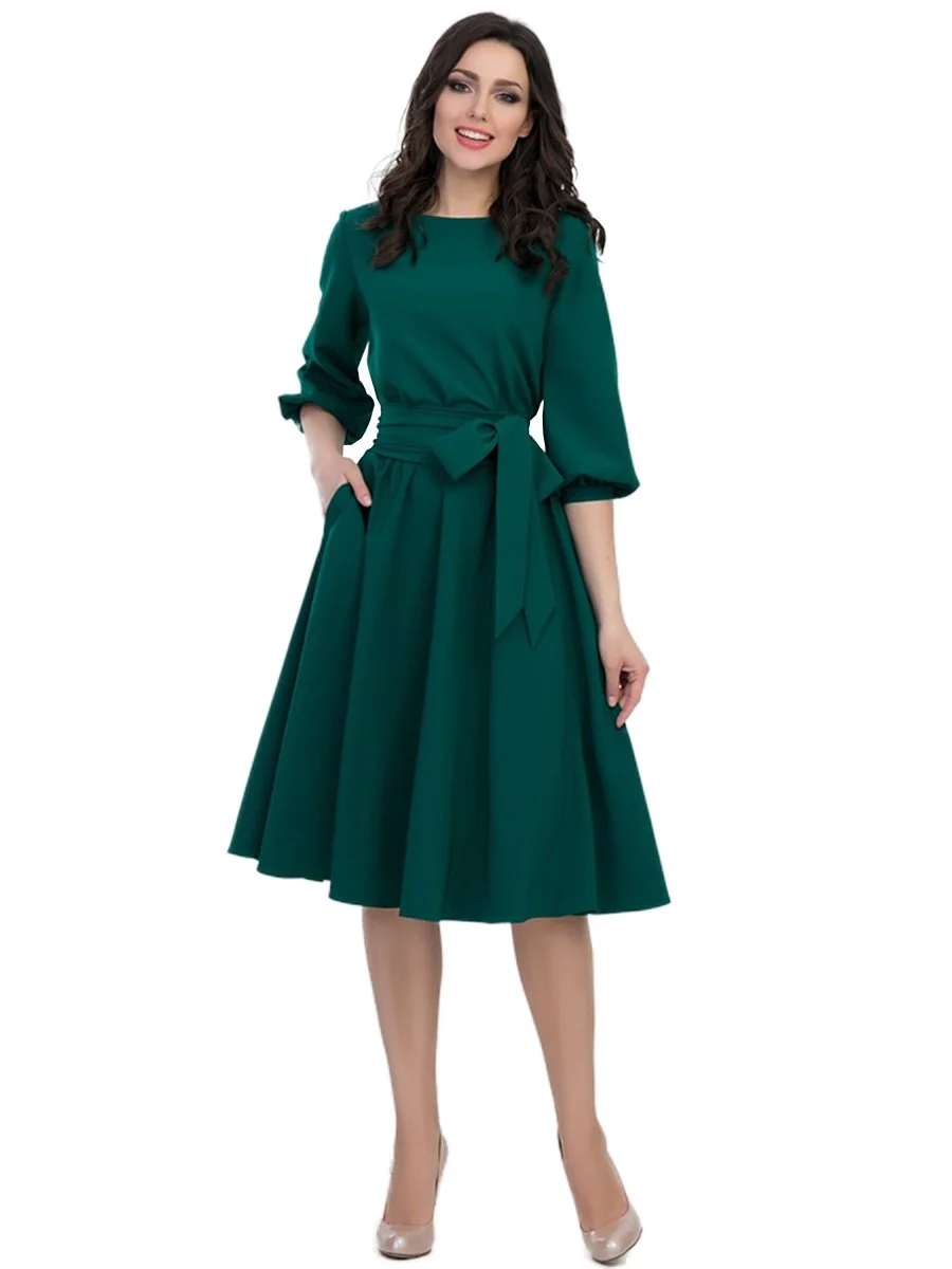 O-Neck Knee-Length Dress Pocket Sashes Lantern Half Sleeve Dress