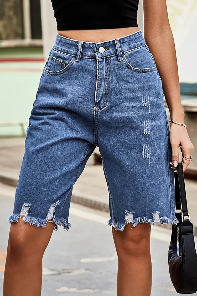 Distressed Fringe Hem Denim Shorts