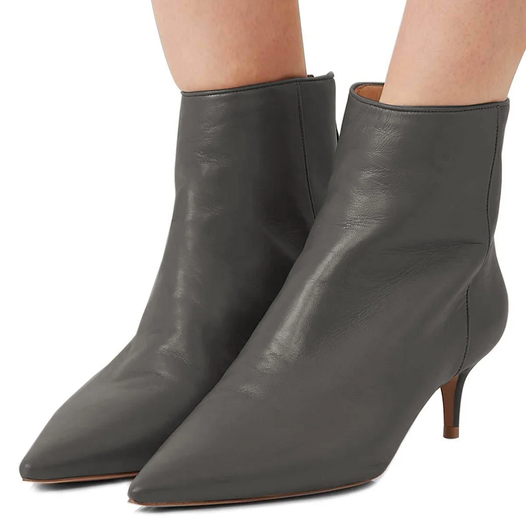 Gray Vegan Leather Pointed Kitten Heel Elegant Women's Ankle Boots