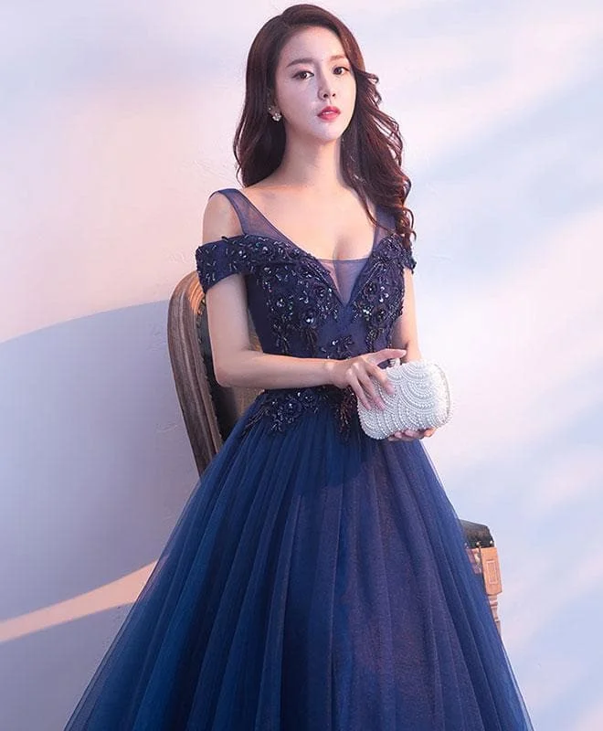Dark Blue Tulle Long Prom Dress, Blue Evening Dresses