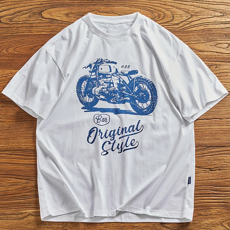 Casual Motorcycle Print Washed Brushed Short-Sleeved T-Shirt