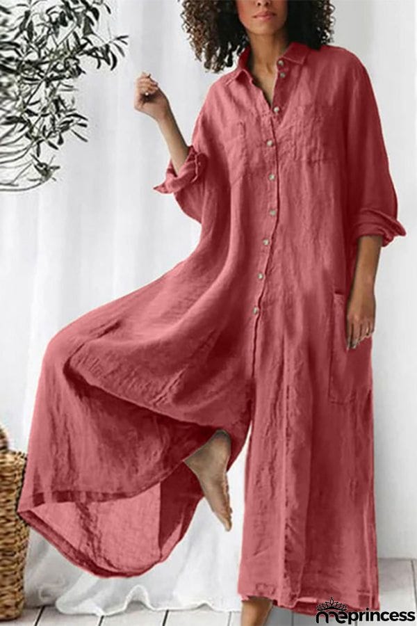 Amaris Cotton and Linen Blend Long Sleeve Loose Wide Leg Shirt Jumpsuit