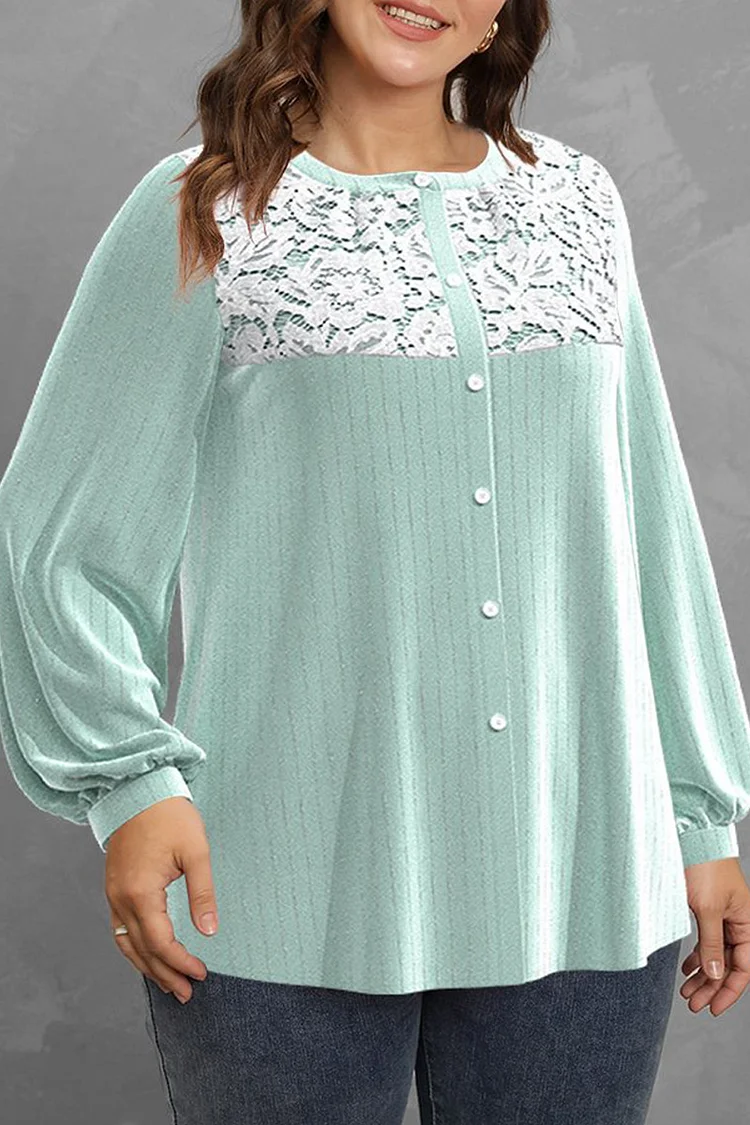 Flycurvy Plus Size Casual Green Lace Stitching Velvet Hot Stamping Lantern Sleeve Blouses  Flycurvy [product_label]