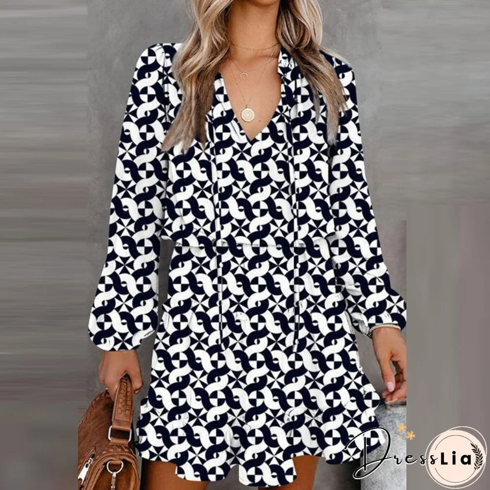 Autumn V Neck Elastic Waist Mini Party Dress Elegant Casual Pattern Print Long Sleeve Dress New Drawstring Pleated A-Line Dress