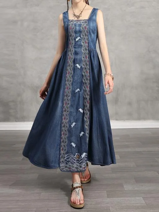 Women's Denim Embroidered Sleeveless Square Collar Maxi Dress