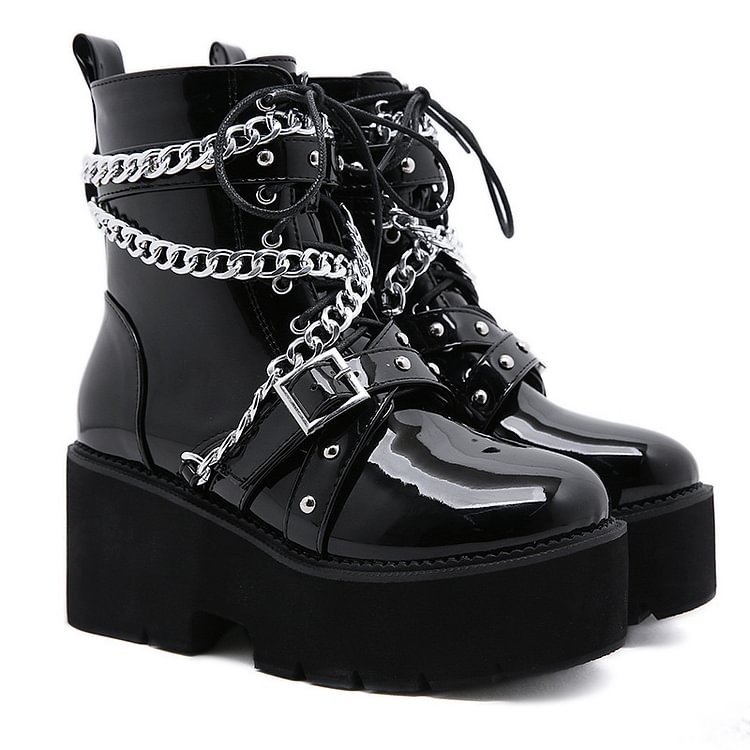 Patent Leather Lace Up Platform Ankle Boots