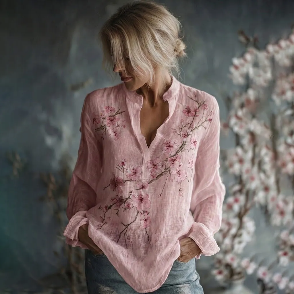 Women's Vintage Flowers Embroidered Linen Long Sleeve Shirt elevenforest