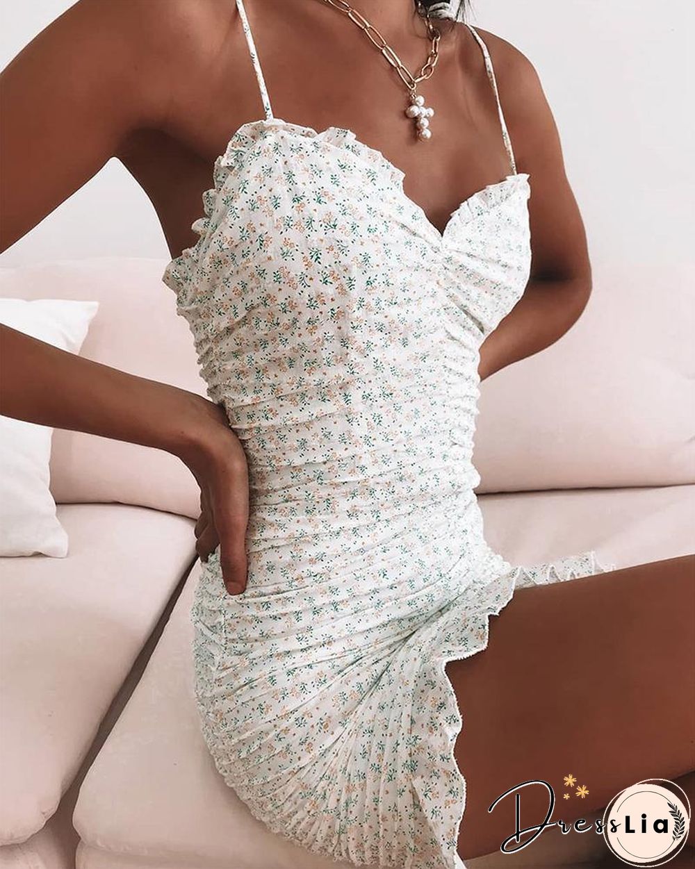 Floral Ruffle Trim Bodycon Cami Dress P11975