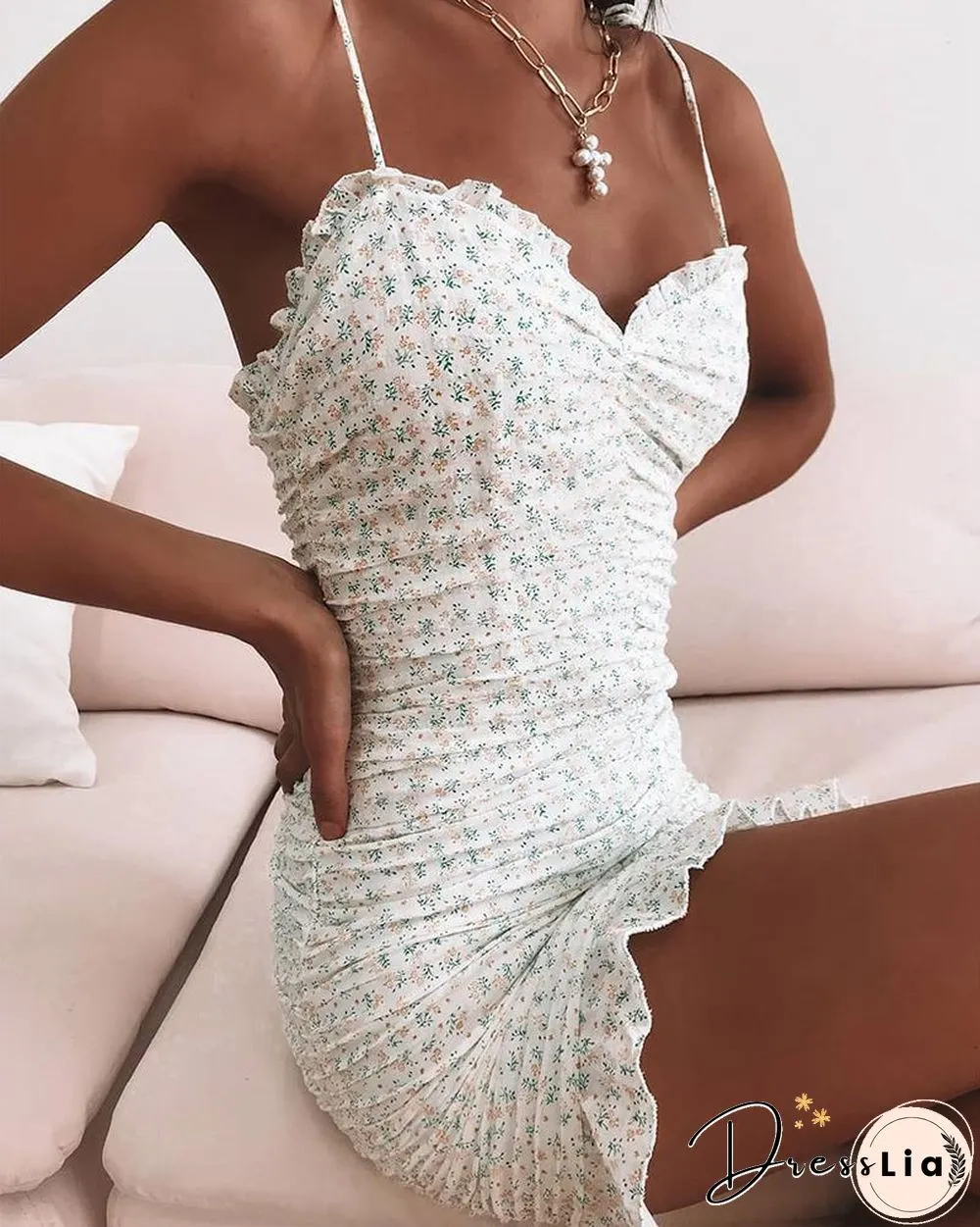 Floral Ruffle Trim Bodycon Cami Dress P11975