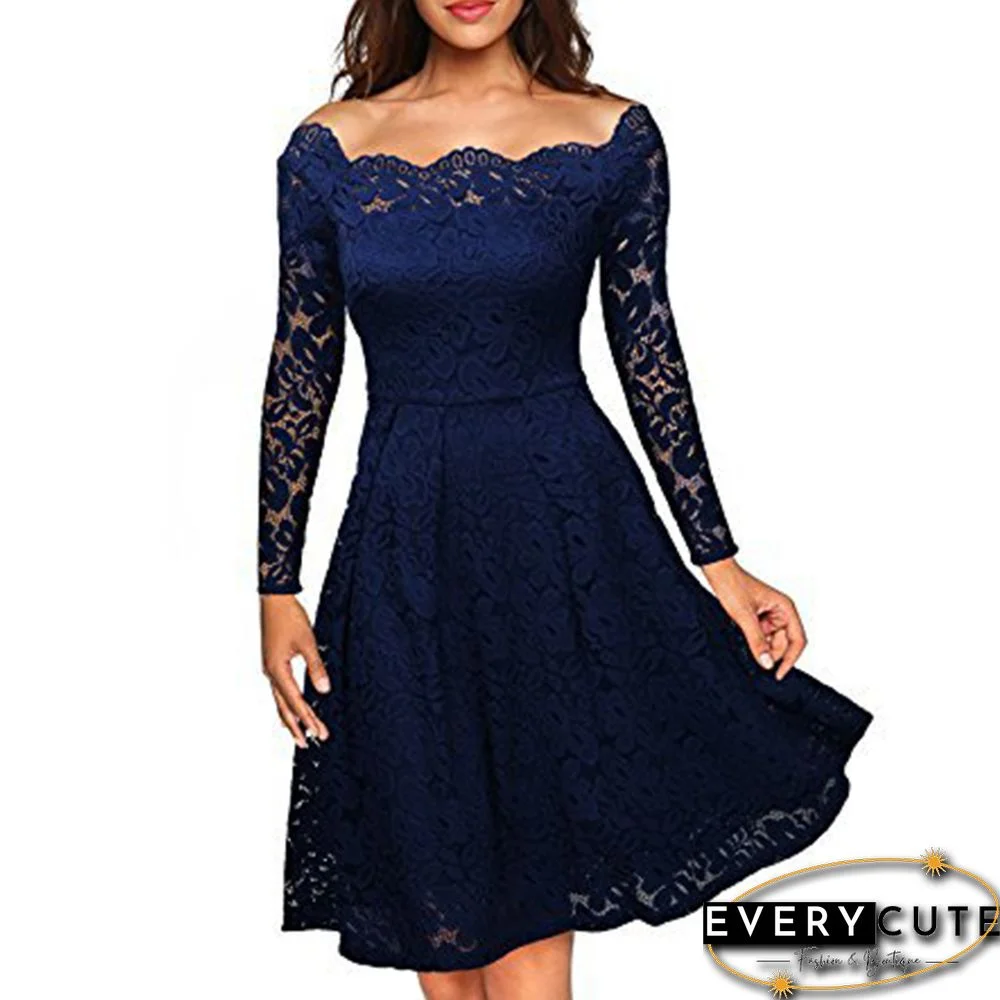 Navy Blue Scalloped Off Shoulder Long Flared Sleeve Lace Dress