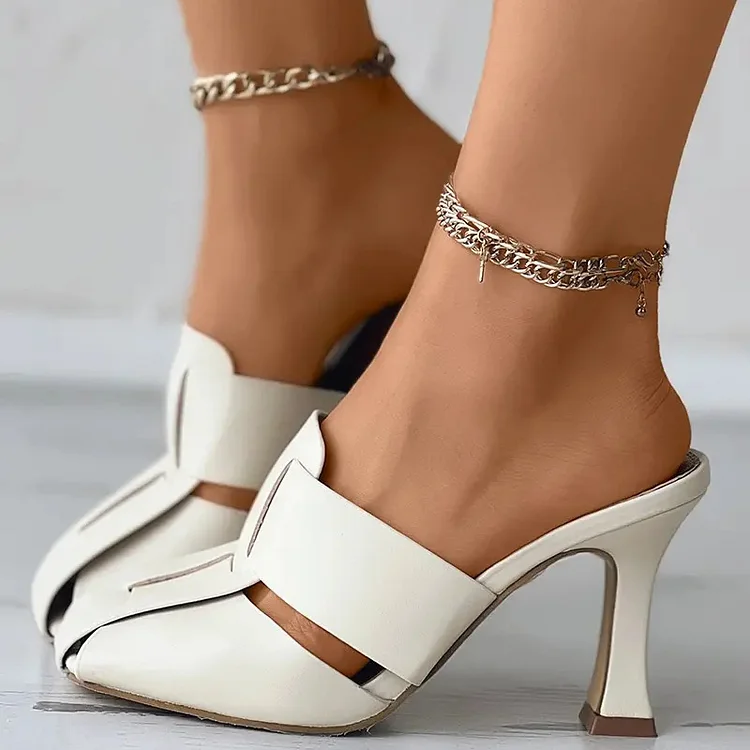 Ivory Square Toe Pump Mules Women's Vintage Office Kitten Heel Shoes |FSJ Shoes