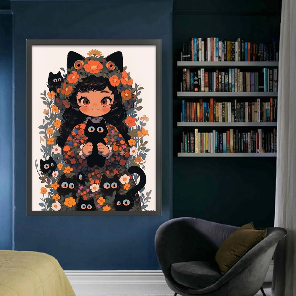 11CT Full Stamped Cross Stitch - Black Cat and Girl(Canvas|45*60CM)