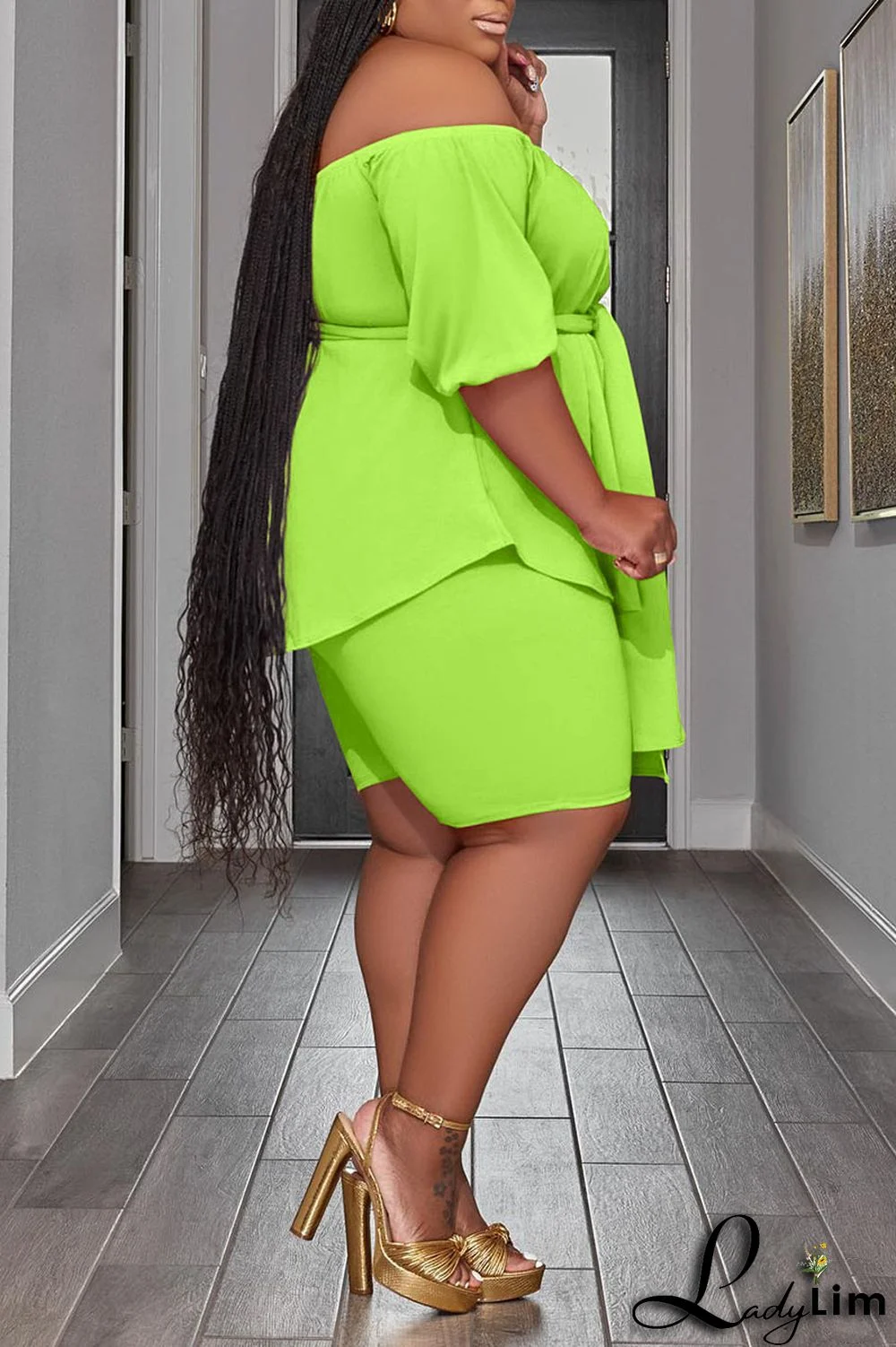 Khaki Casual Solid Bandage Patchwork With Belt Off the Shoulder Plus Size Two Pieces