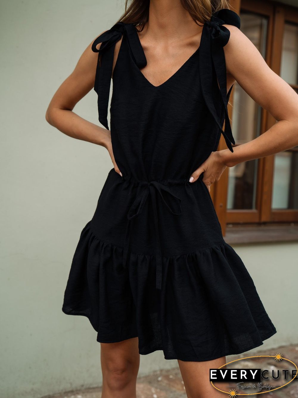 Women'S Dresses V-Neck Belted Ruffle Print Dress